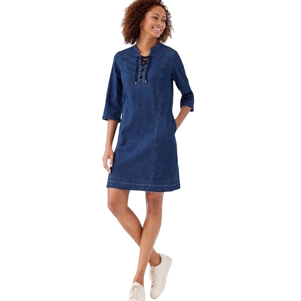 J. Jill Denim Lace Up Shift Dress Chambray Blue Sz M Raw Hem Pockets